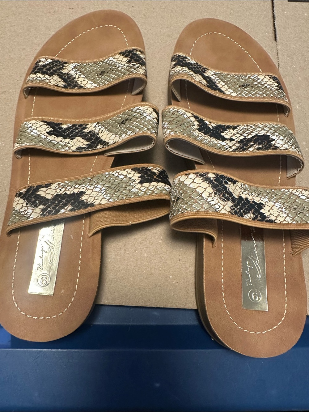 Vintage Havana Tan & Black Snake-Print Triple Strap Slide Sandals